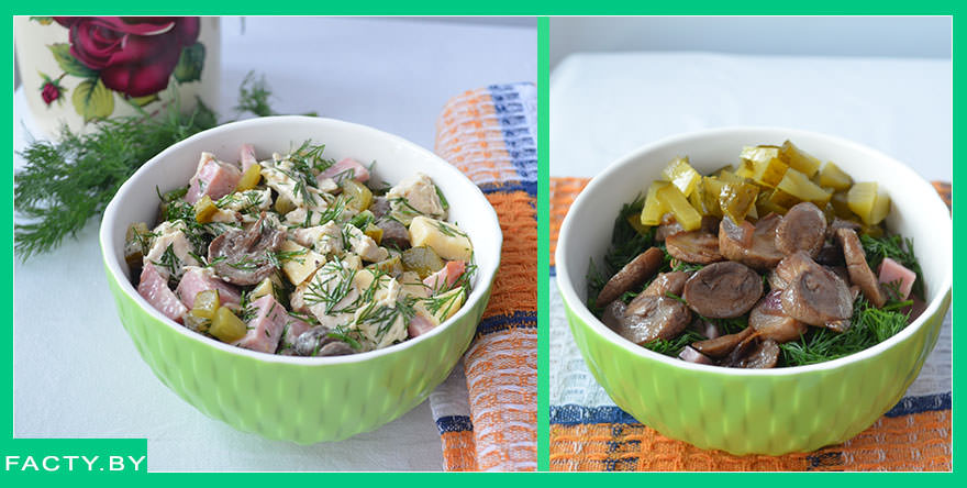 Блюда: фото-рецепт салата с ветчиной и грибами