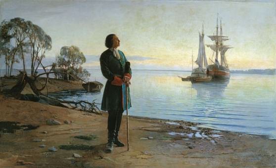 Петр Первый стоит на берегу и смотрит на корабль своего флота